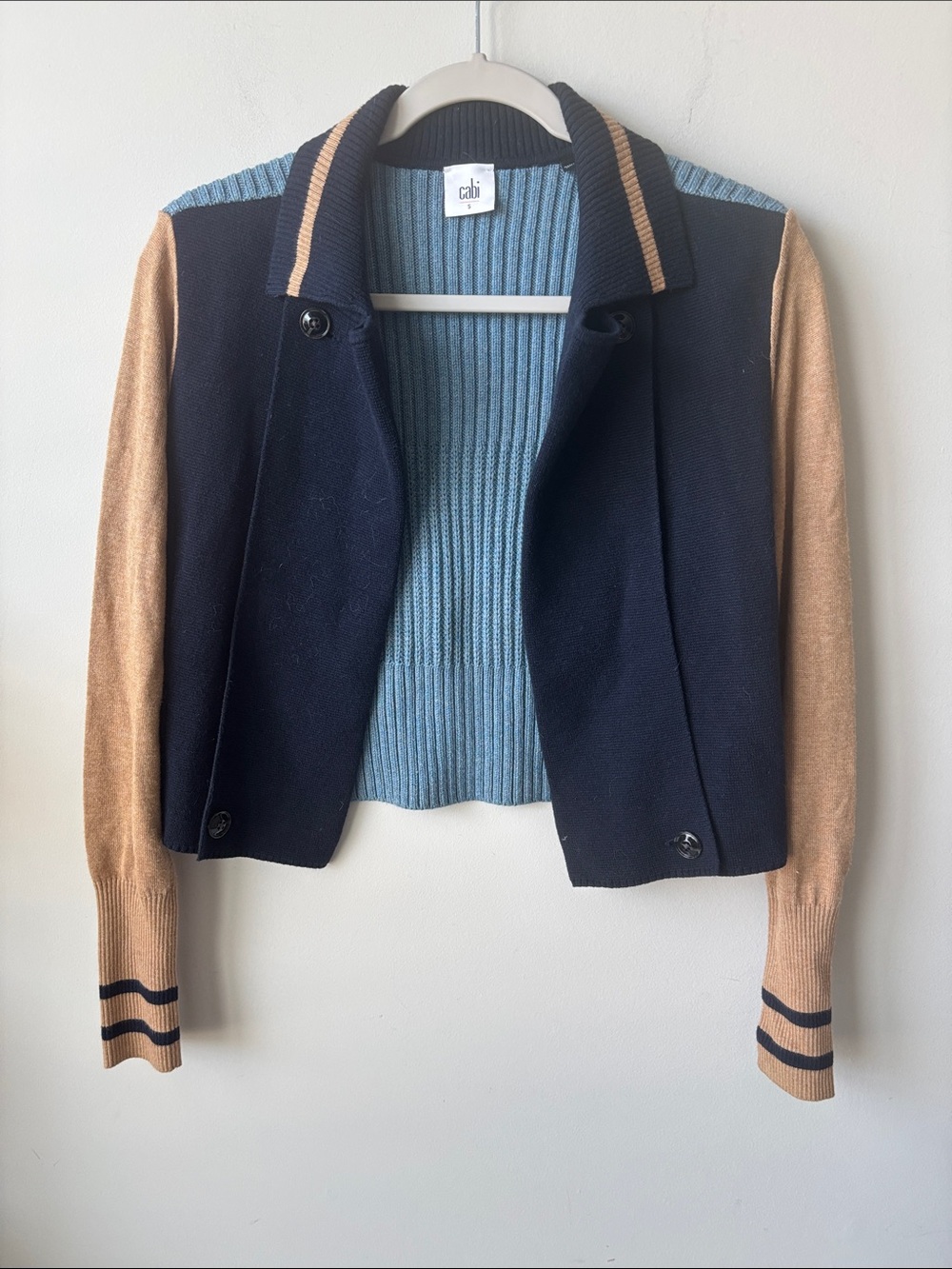 CAbi Navy, Light Blue & Camel Colorblock Knit Cropped Varsity Jacket size small